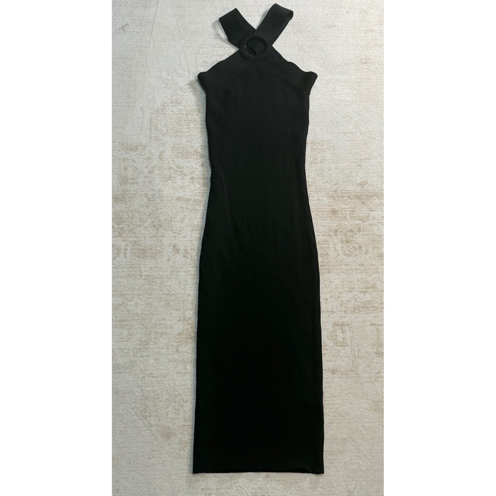 Ted Baker London Black Ribbed Knit Halter Maxi Dress O-Ring Detail Size 0